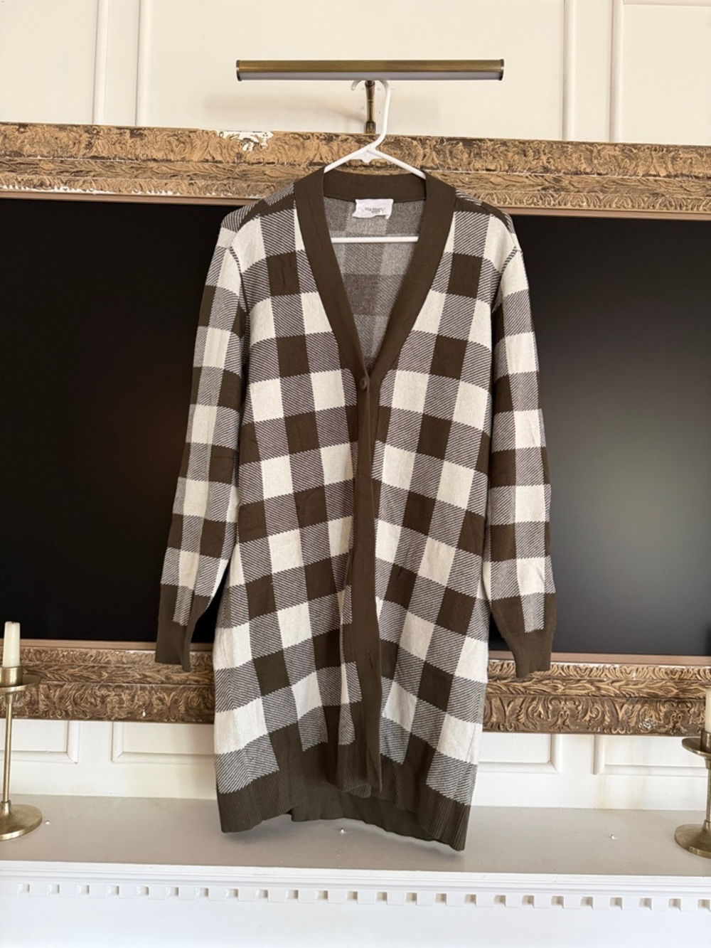 Long Buffalo Check Cardigan in Olive and Cream